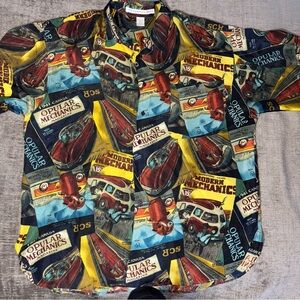 Sharper Image Silk Shirt XL Modern Mechanic Popular Mechanic Vintage Car Buttons